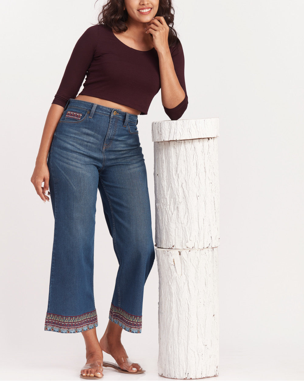 Wide Leg High Waist Boho Embroidered Jeans - Classic Blue