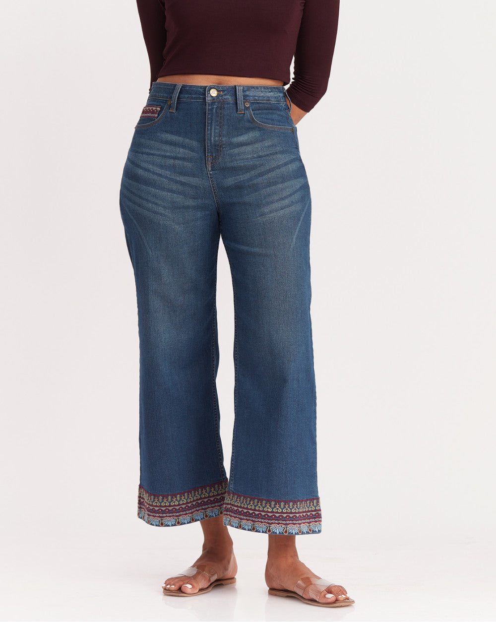 Wide Leg High Waist Boho Embroidered Jeans - Classic Blue