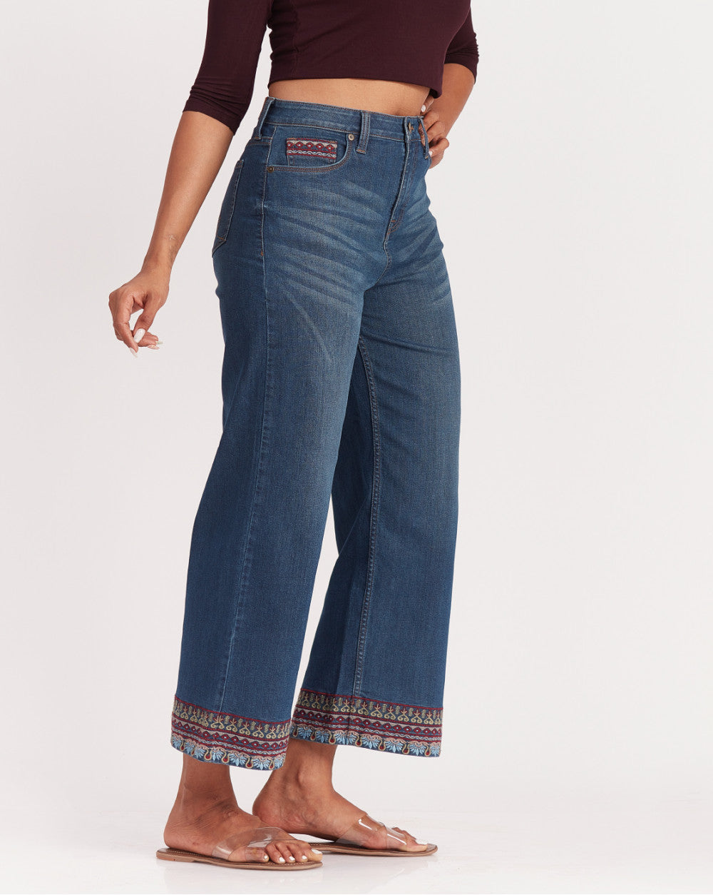 Wide Leg High Waist Boho Embroidered Jeans - Classic Blue