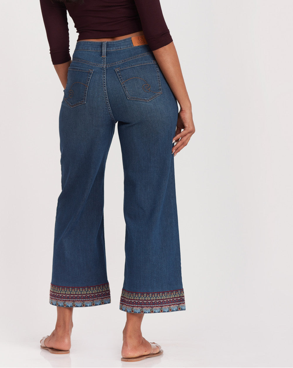 Wide Leg High Waist Boho Embroidered Jeans - Classic Blue