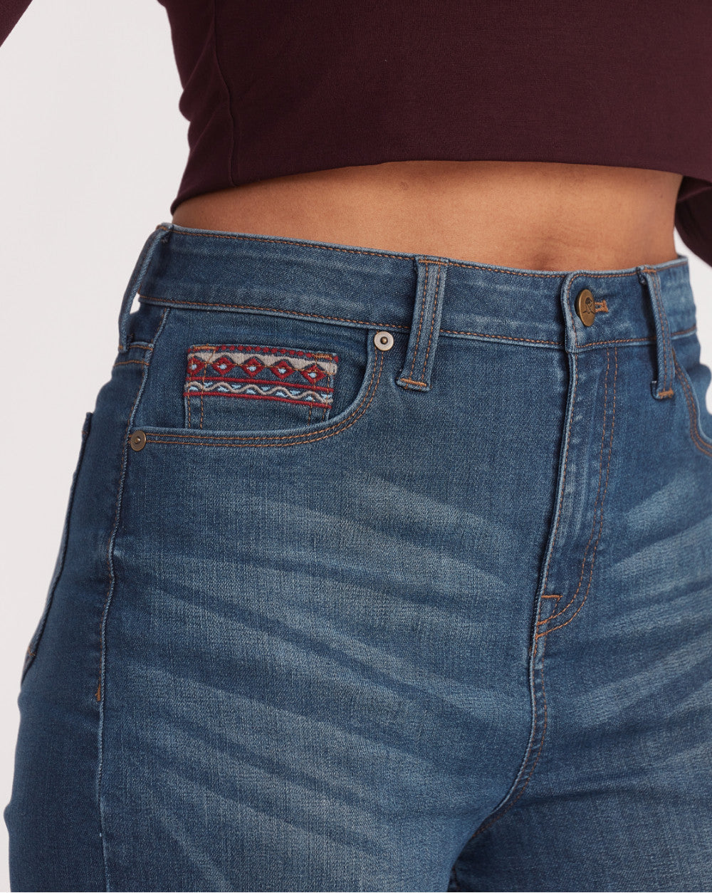 Wide Leg High Waist Boho Embroidered Jeans - Classic Blue