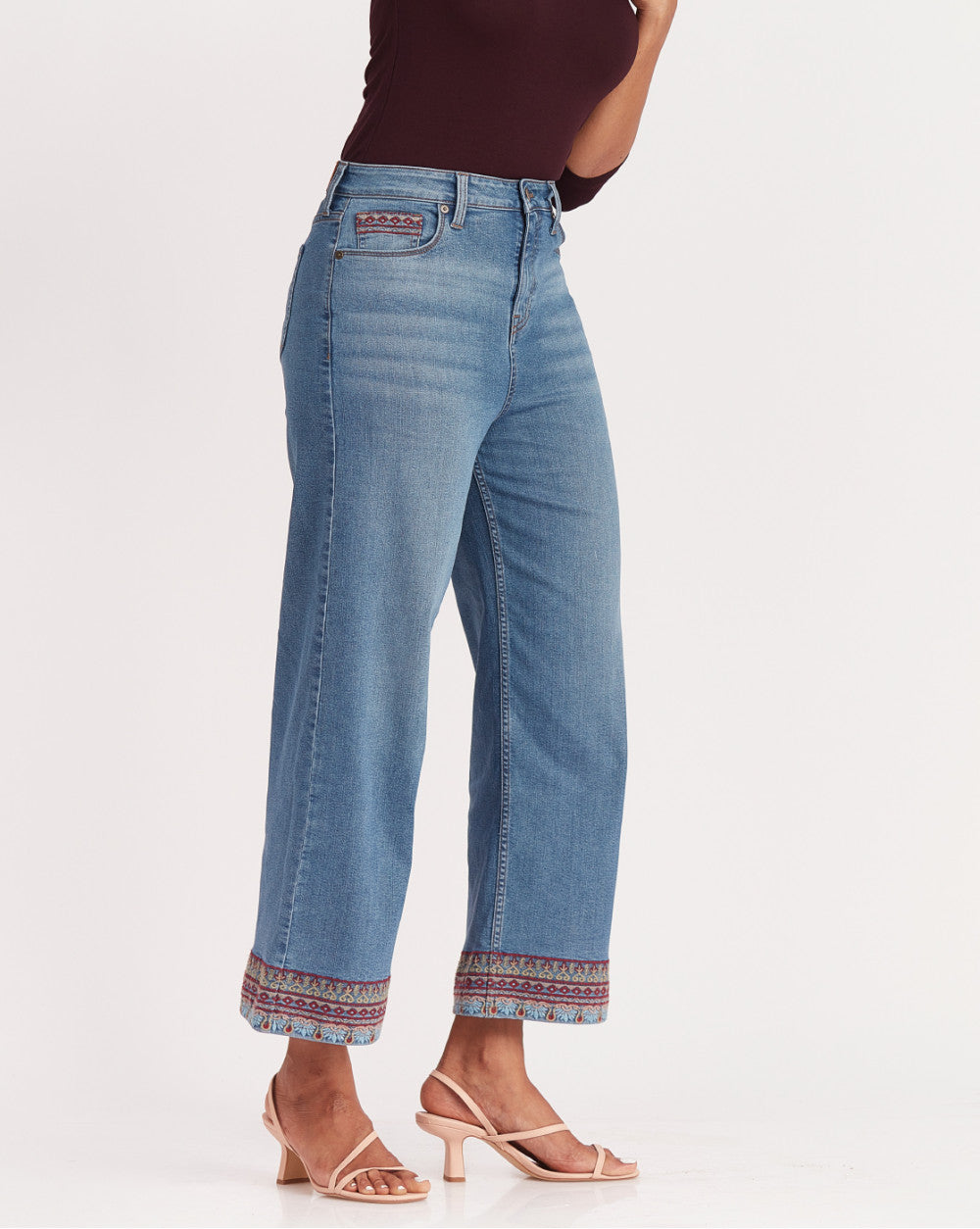 Wide Leg High Waist Boho Embroidered Jeans - Summer Blue
