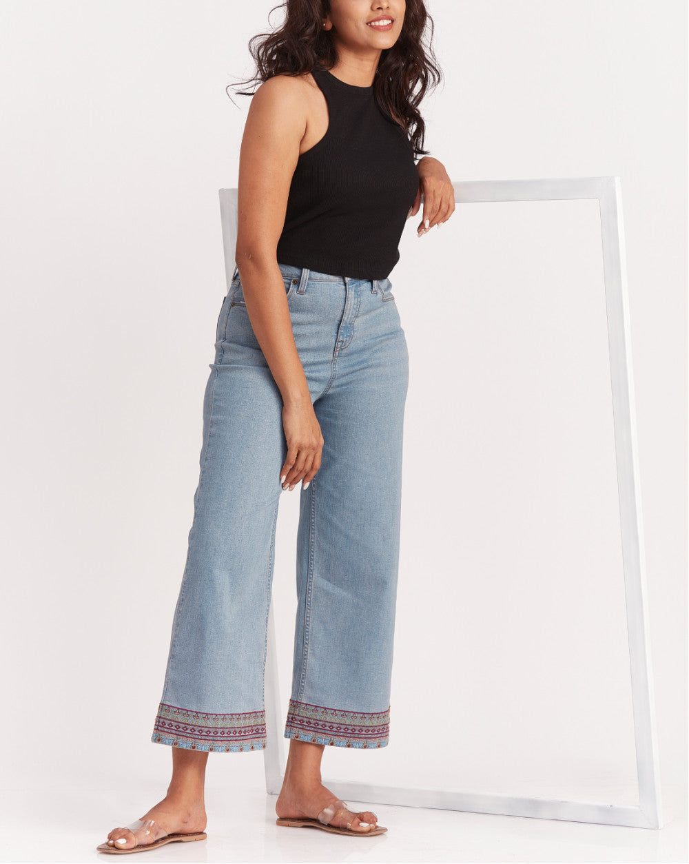 Wide Leg High Waist Boho Embroidered Jeans - Vapour Blue