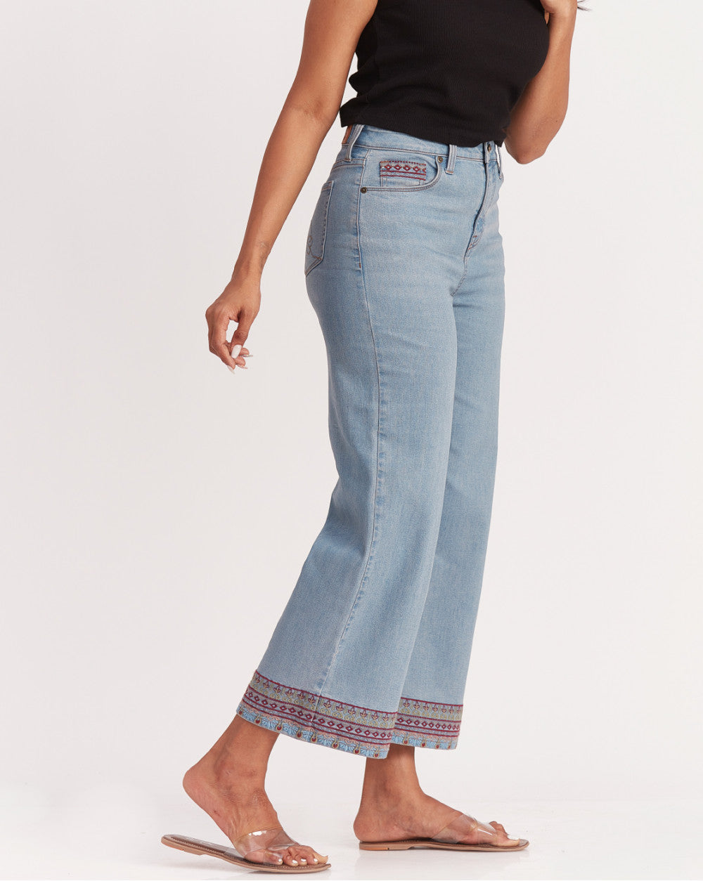 Wide Leg High Waist Boho Embroidered Jeans - Vapour Blue