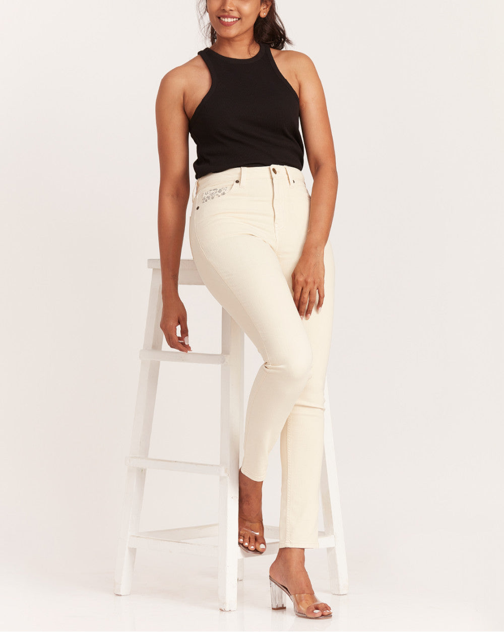 Skinny Fit High Waist Colored Jeans - Cream