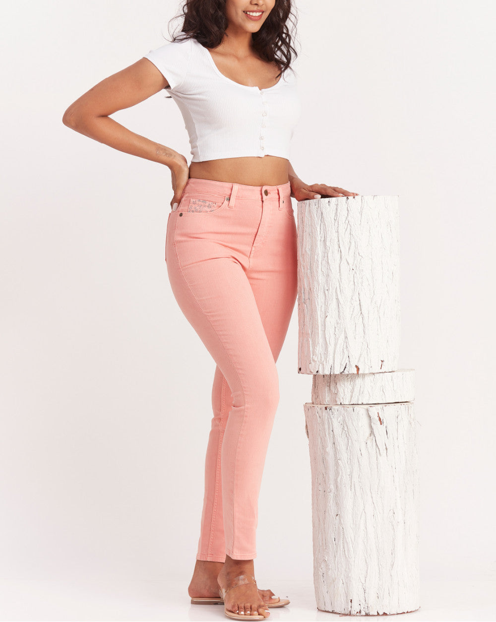 Skinny Fit High Waist Colored Jeans - Coral