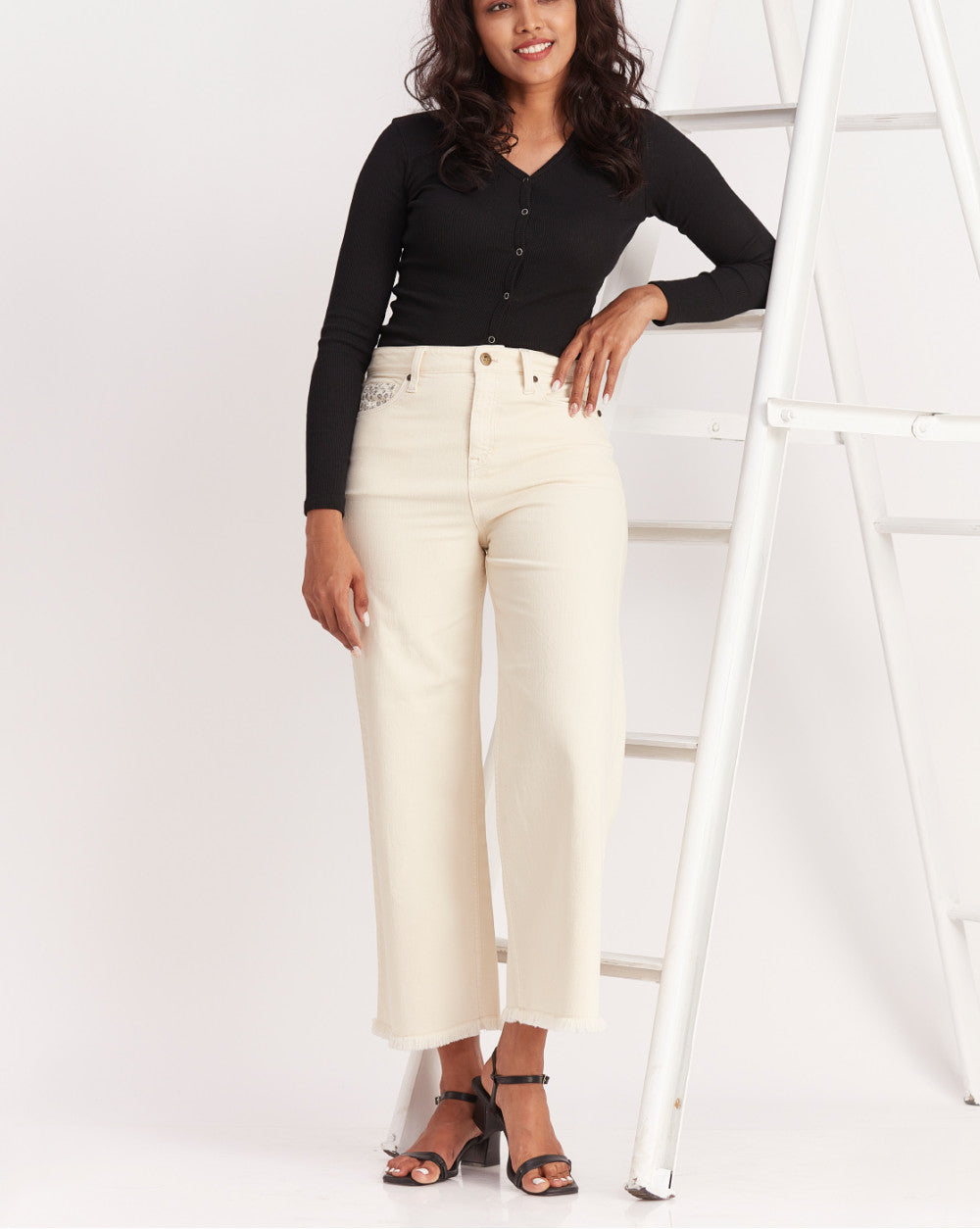 Wide Leg High Waist Colored Jeans - Cream