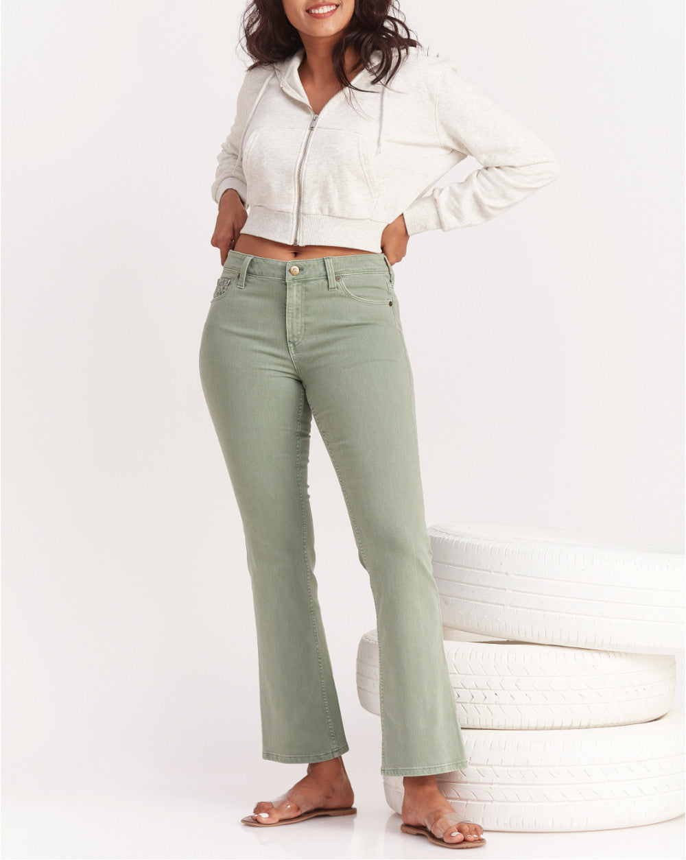 Fit And Flare Flare Mid Waist Colored Jeans - Washed Jade