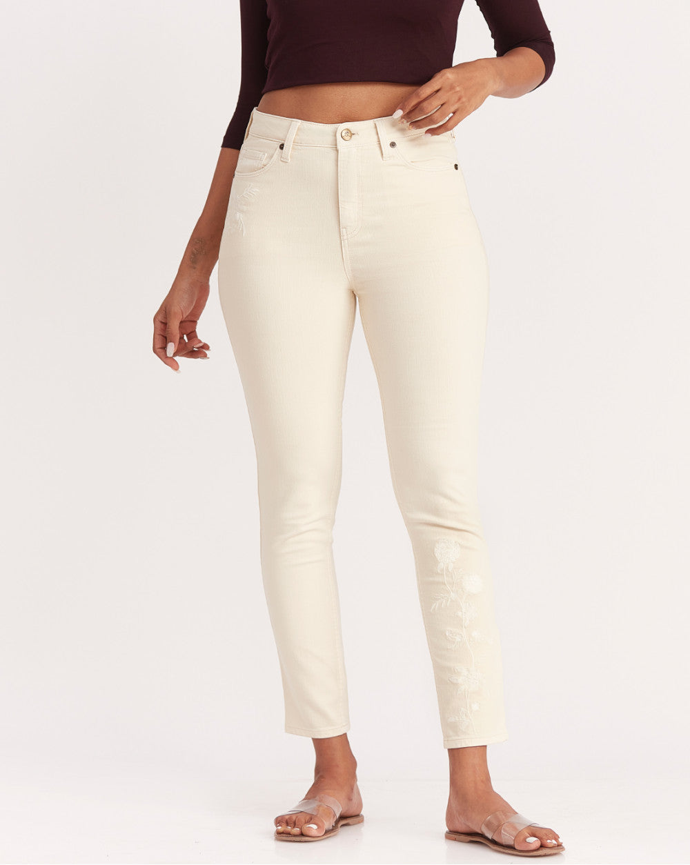 Skinny Fit High Waist Floral Embroidered Colored Jeans - Cream