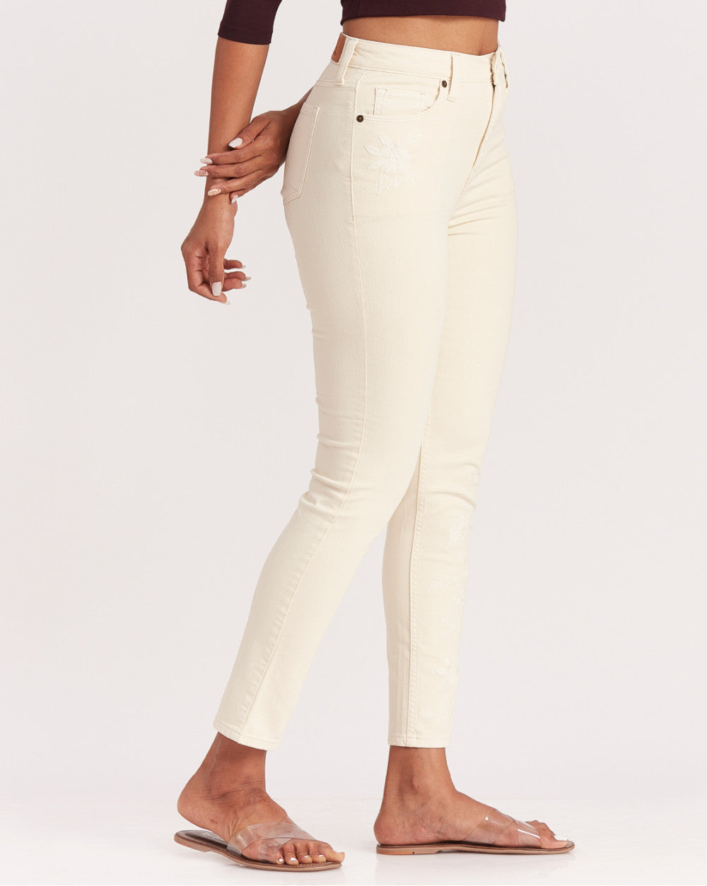 Skinny Fit High Waist Floral Embroidered Colored Jeans - Cream