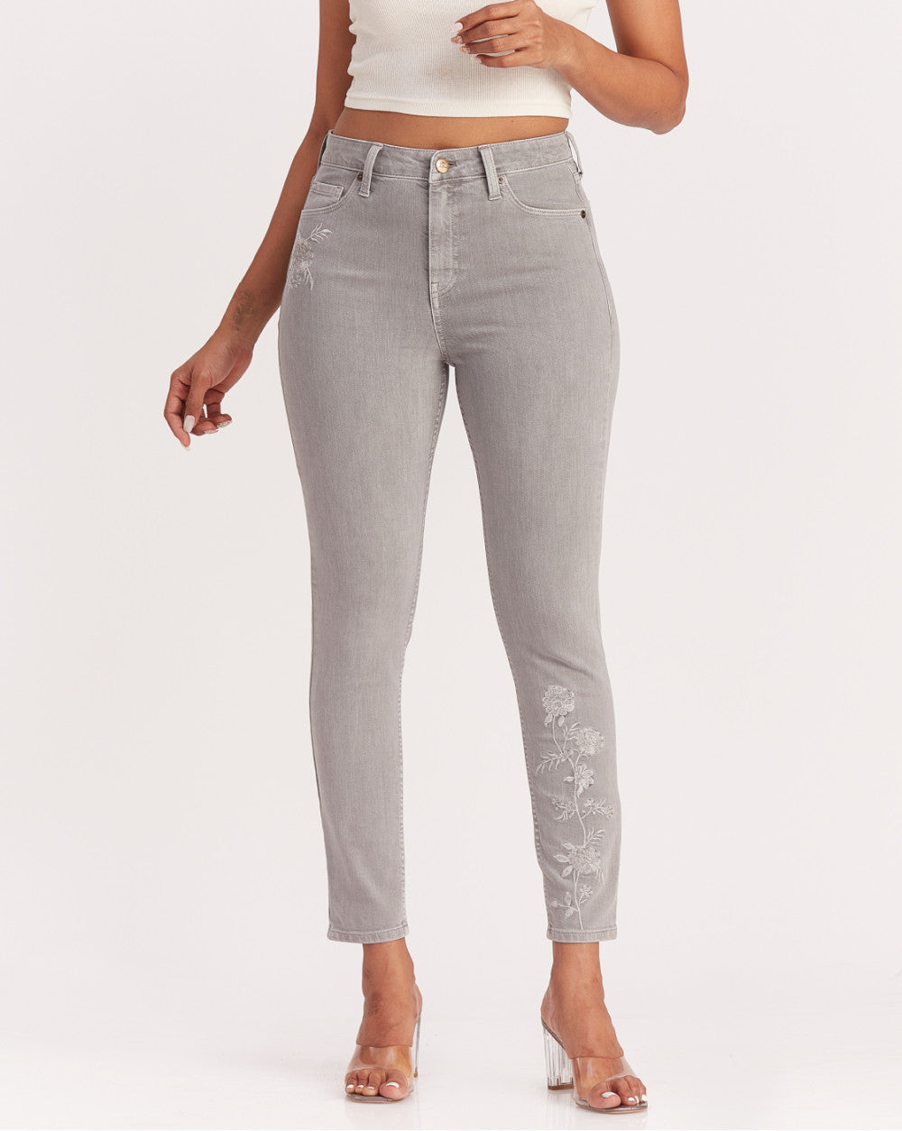Skinny Fit High Waist Floral Embroidered Colored Jeans - Soft Grey