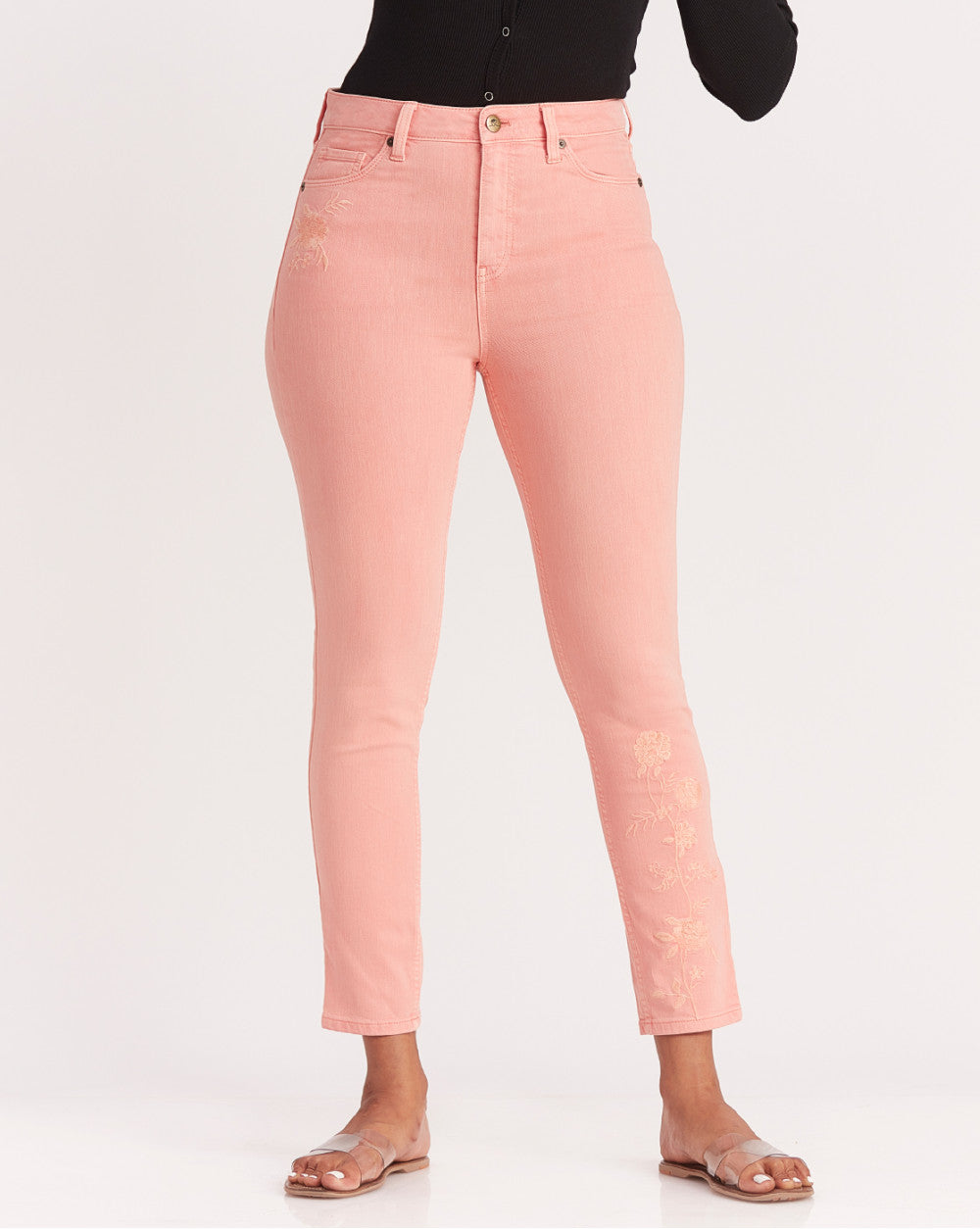 Skinny Fit High Waist Floral Embroidered Colored Jeans - Coral