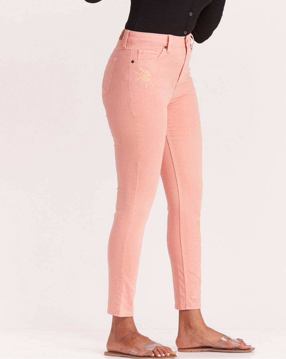 Skinny Fit High Waist Floral Embroidered Colored Jeans - Coral