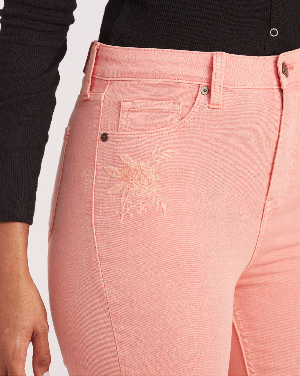 Skinny Fit High Waist Floral Embroidered Colored Jeans - Coral