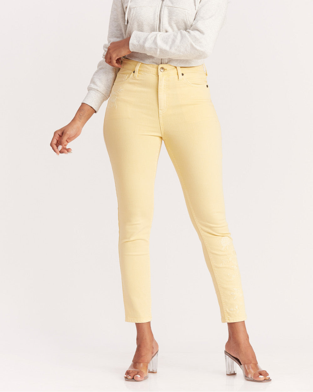 Skinny Fit High Waist Floral Embroidered Colored Jeans - Daffodil Yellow