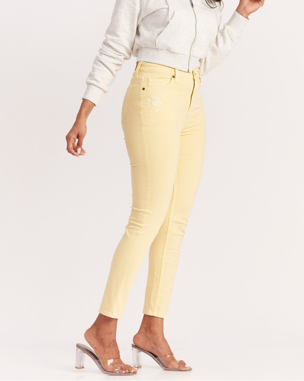 Skinny Fit High Waist Floral Embroidered Colored Jeans - Daffodil Yellow