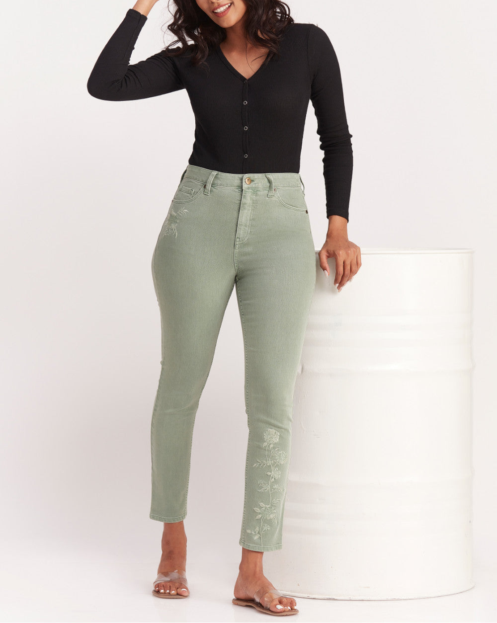 Skinny Fit High Waist Floral Embroidered Colored Jeans - Washed Jade