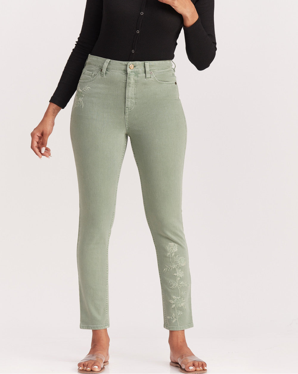 Skinny Fit High Waist Floral Embroidered Colored Jeans - Washed Jade