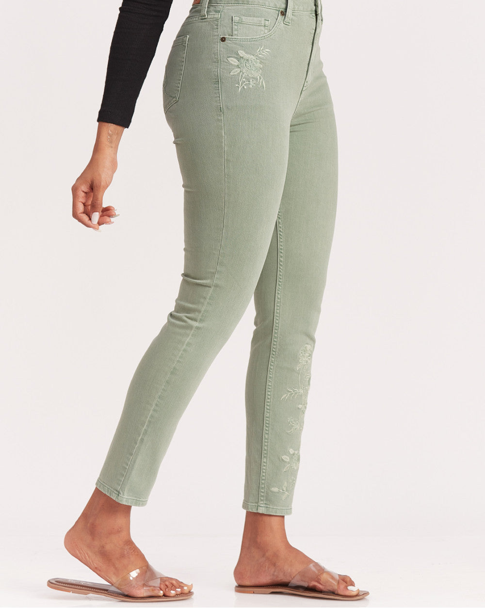 Skinny Fit High Waist Floral Embroidered Colored Jeans - Washed Jade