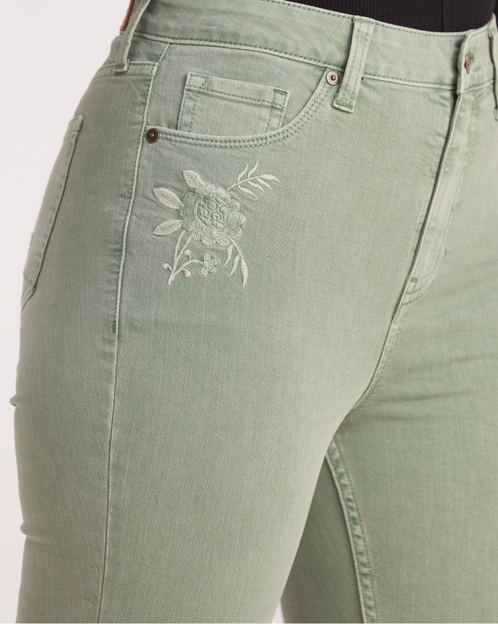 Skinny Fit High Waist Floral Embroidered Colored Jeans - Washed Jade