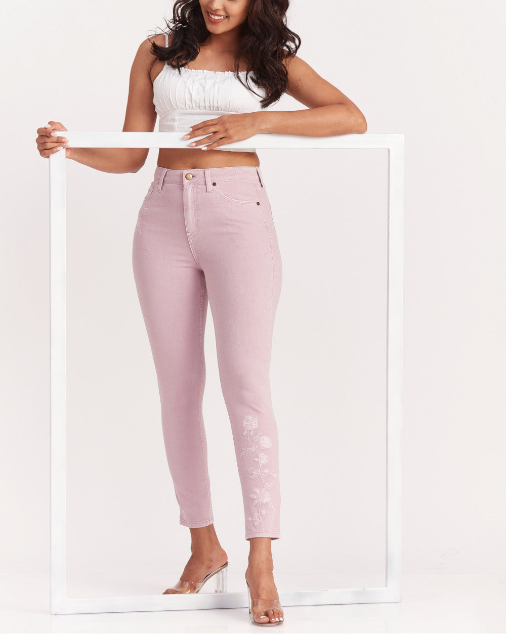 Skinny Fit High Waist Floral Embroidered Colored Jeans - Lush Lilac