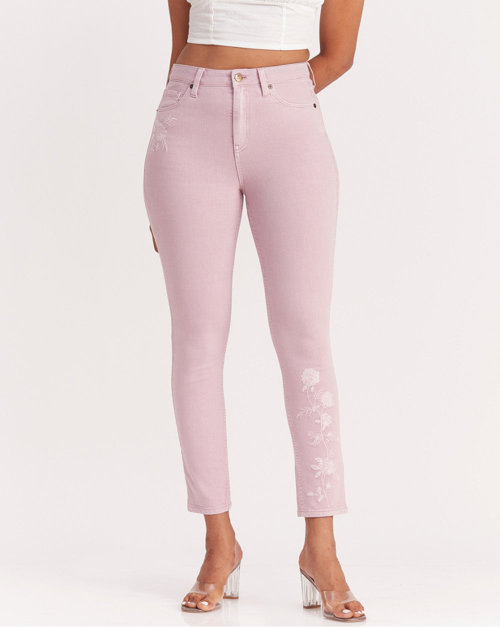 Skinny Fit High Waist Floral Embroidered Colored Jeans - Lush Lilac