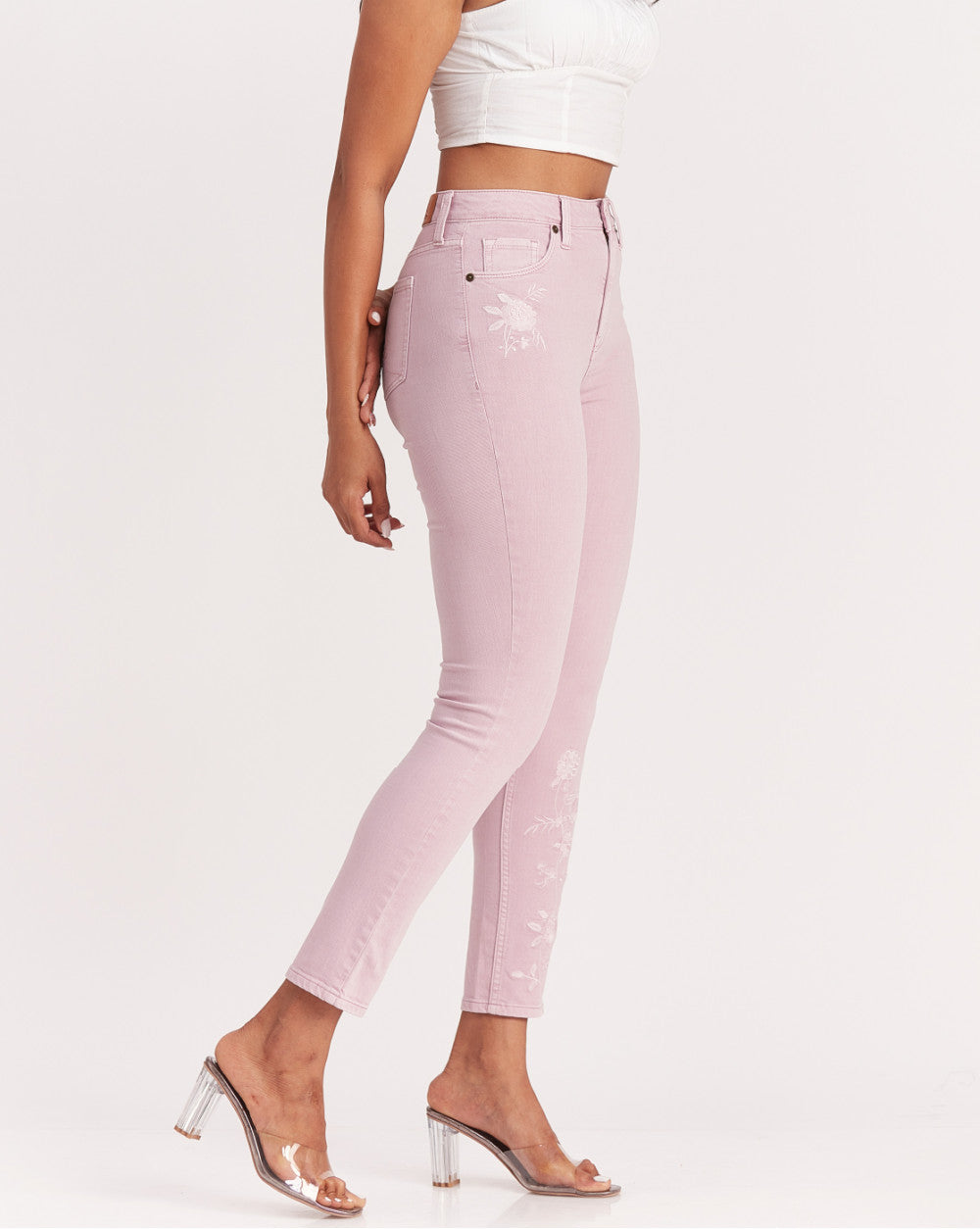 Skinny Fit High Waist Floral Embroidered Colored Jeans - Lush Lilac