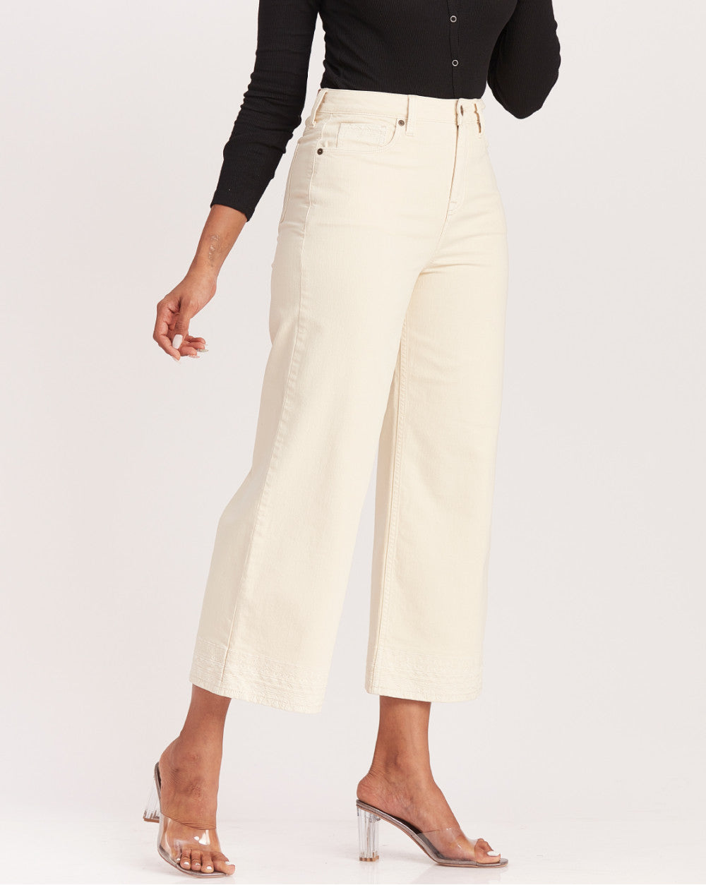 Wide Leg High Waist Boho Embroidered Colored Jeans - Cream