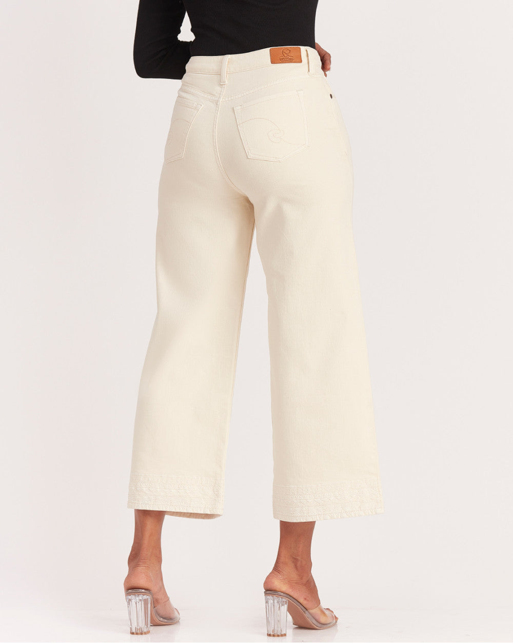 Wide Leg High Waist Boho Embroidered Colored Jeans - Cream