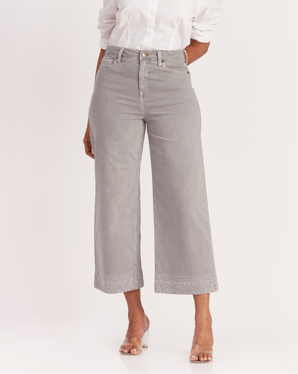 Wide Leg High Waist Boho Embroidered Colored Jeans - Soft Grey