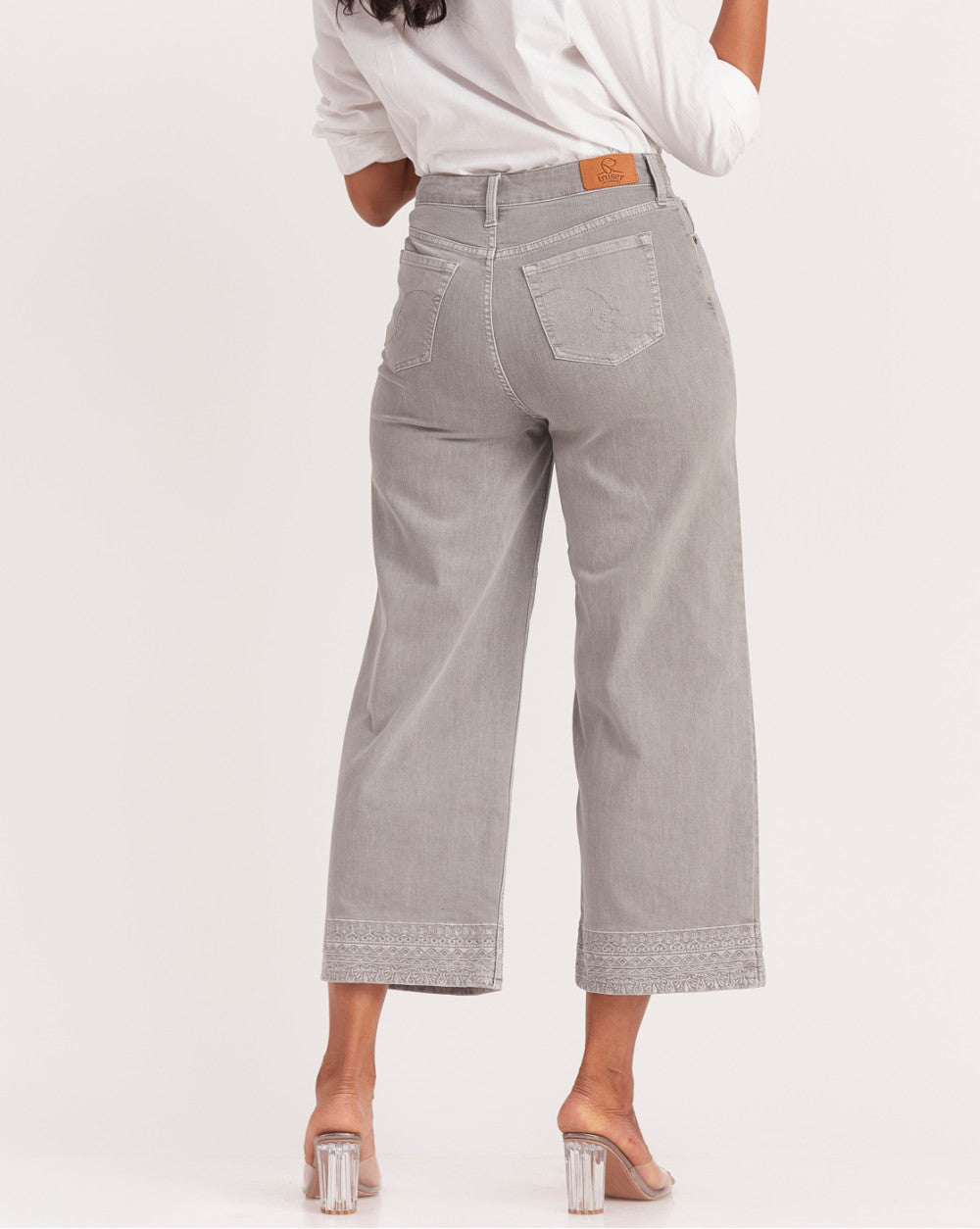 Wide Leg High Waist Boho Embroidered Colored Jeans - Soft Grey