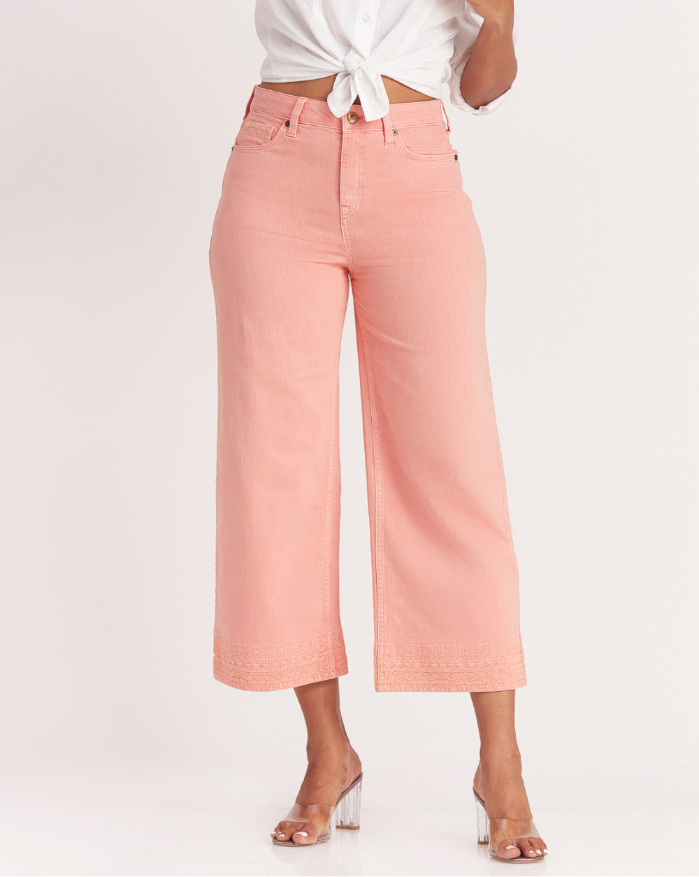 Wide Leg High Waist Boho Embroidered Colored Jeans - Coral