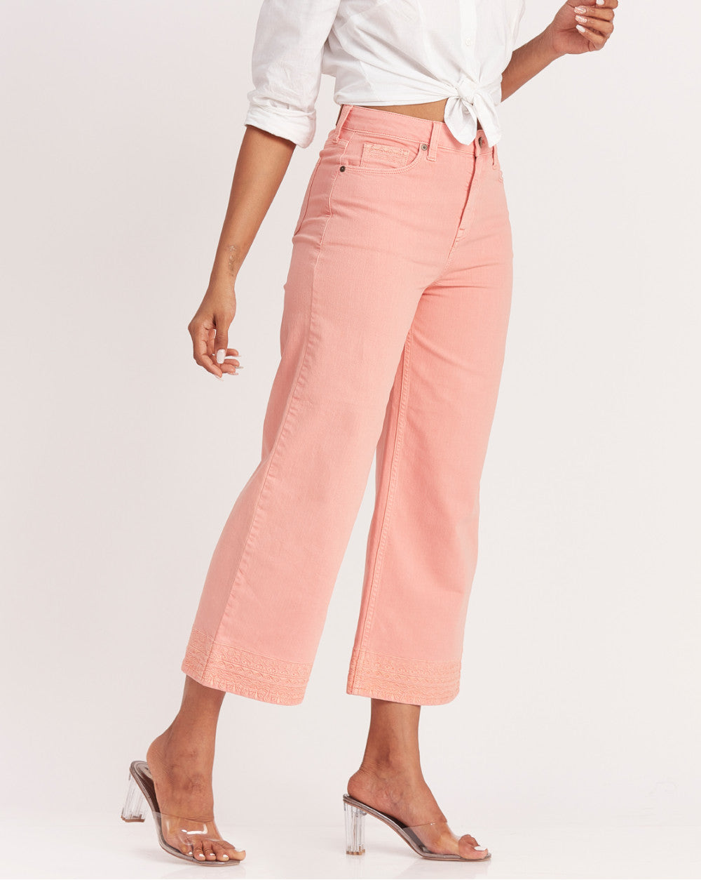 Wide Leg High Waist Boho Embroidered Colored Jeans - Coral