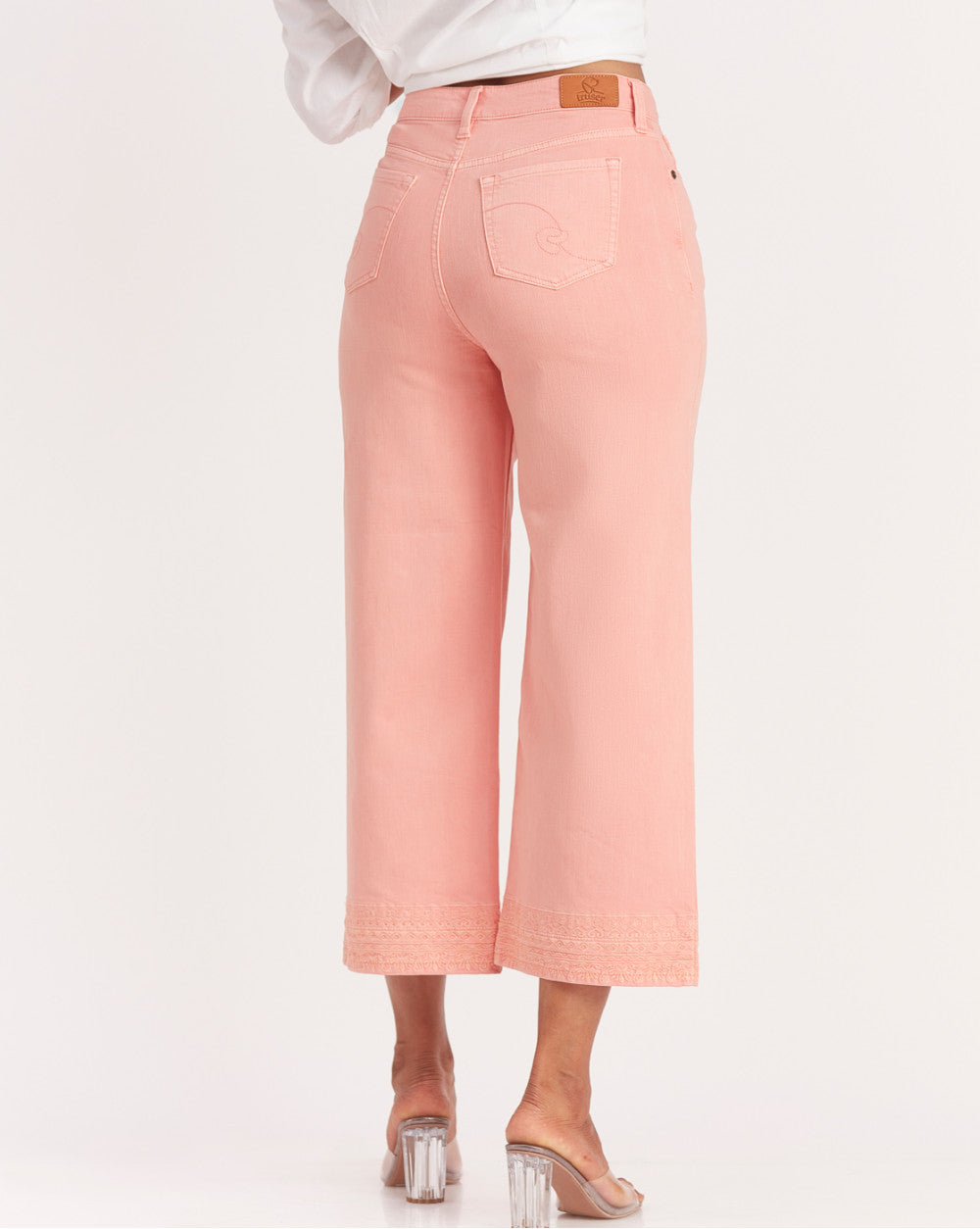 Wide Leg High Waist Boho Embroidered Colored Jeans - Coral