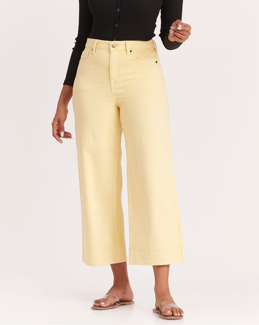 Wide Leg High Waist Boho Embroidered Colored Jeans - Daffodil Yellow