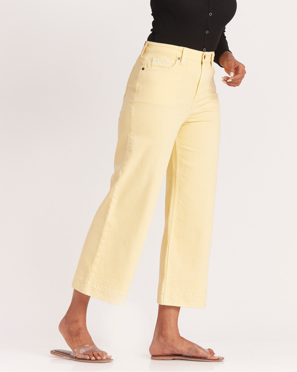 Wide Leg High Waist Boho Embroidered Colored Jeans - Daffodil Yellow