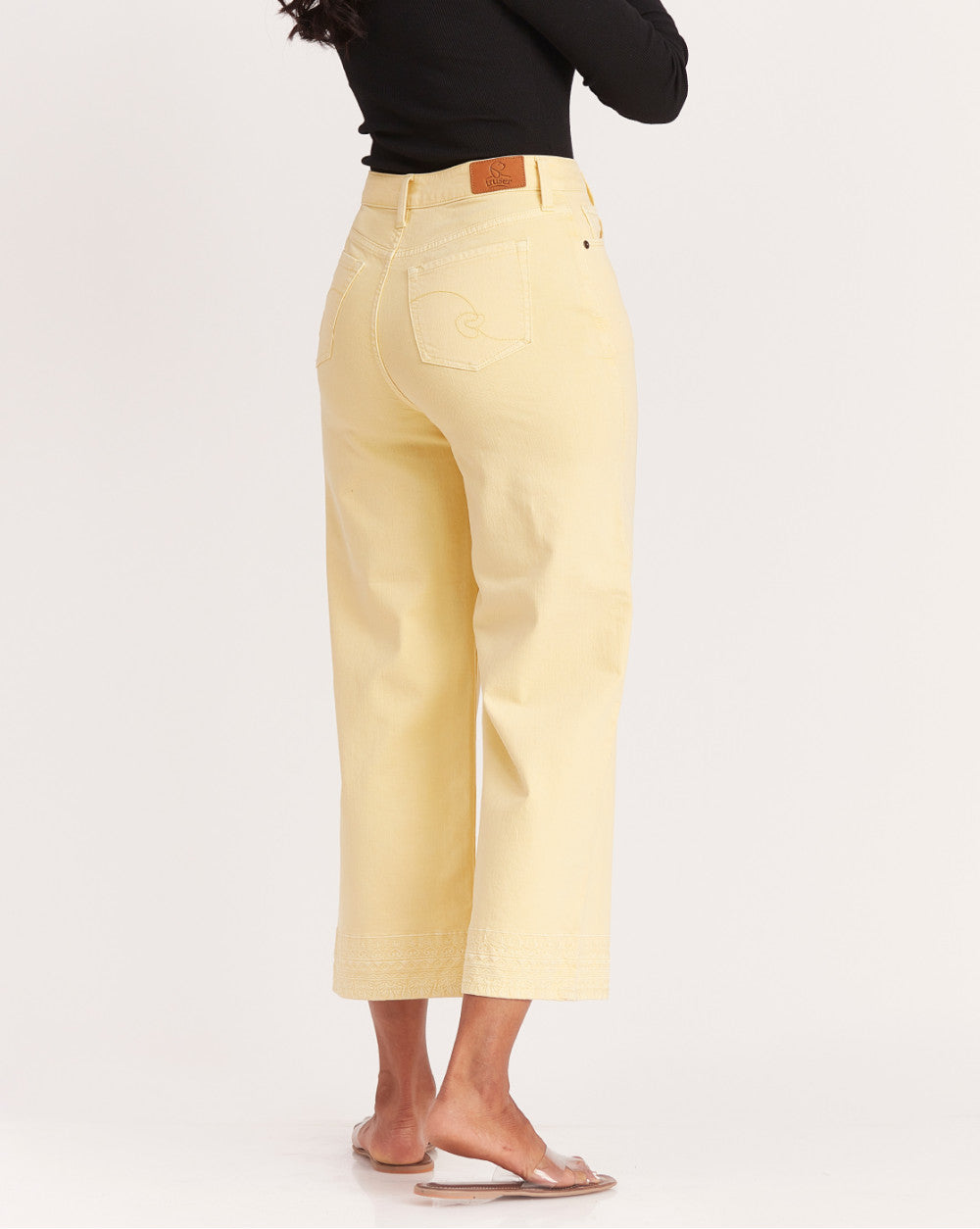 Wide Leg High Waist Boho Embroidered Colored Jeans - Daffodil Yellow