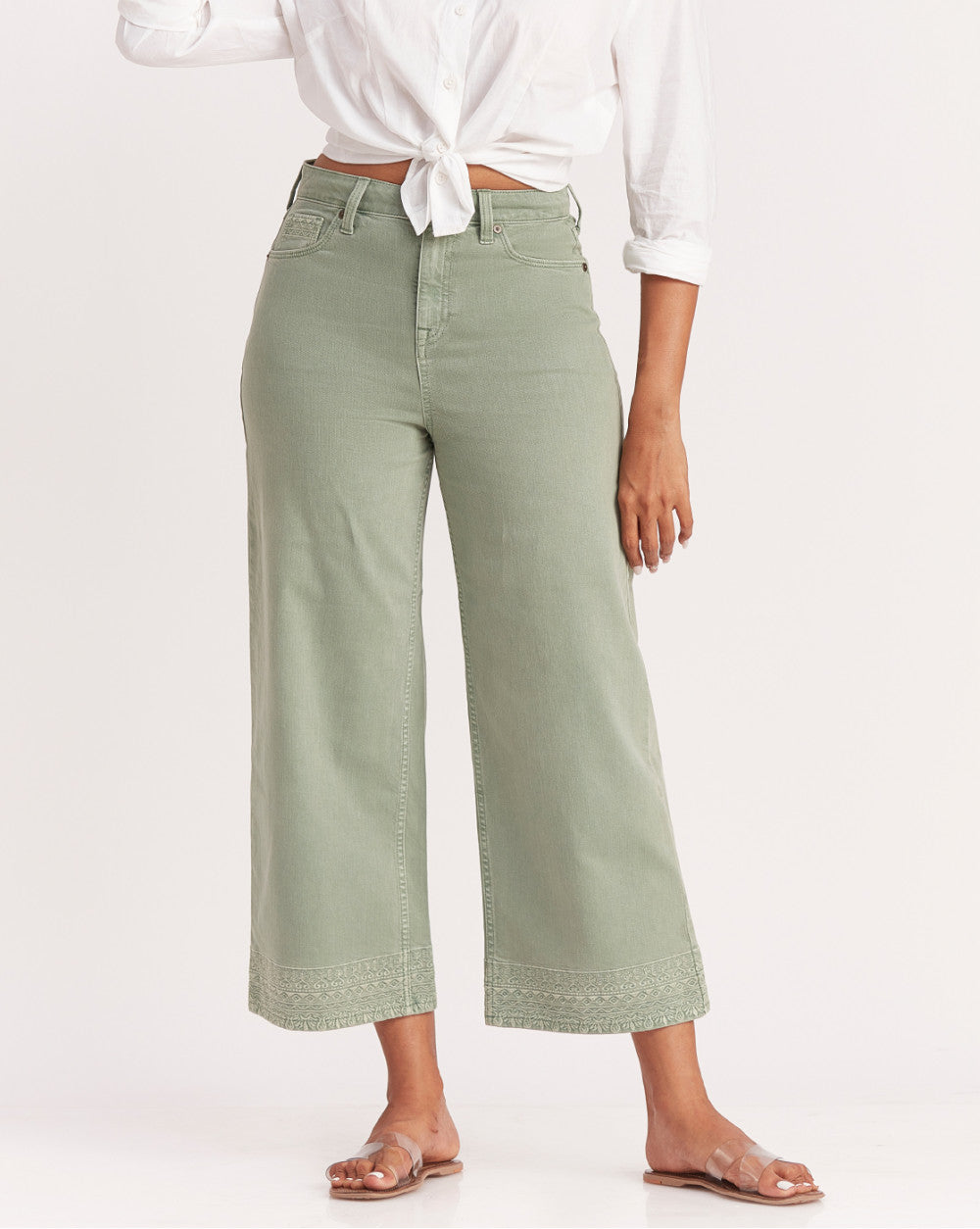Wide Leg High Waist Boho Embroidered Colored Jeans - Washed Jade