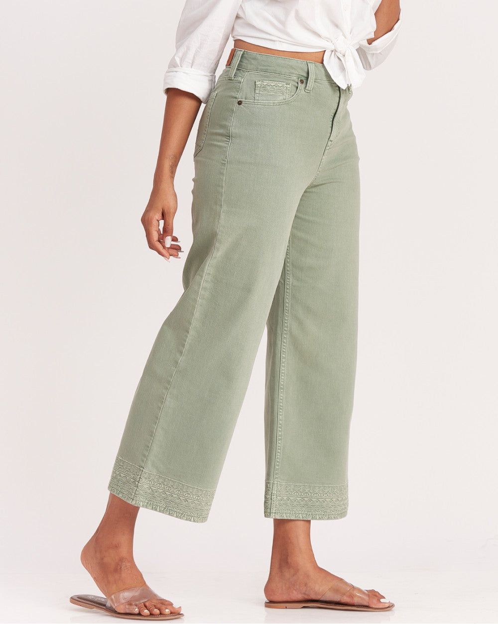 Wide Leg High Waist Boho Embroidered Colored Jeans - Washed Jade