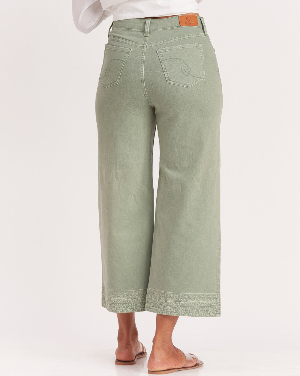 Wide Leg High Waist Boho Embroidered Colored Jeans - Washed Jade