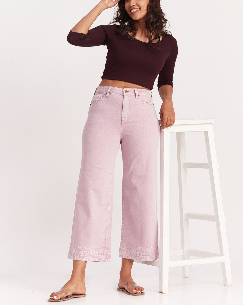 Wide Leg High Waist Boho Embroidered Colored Jeans - Lush Lilac