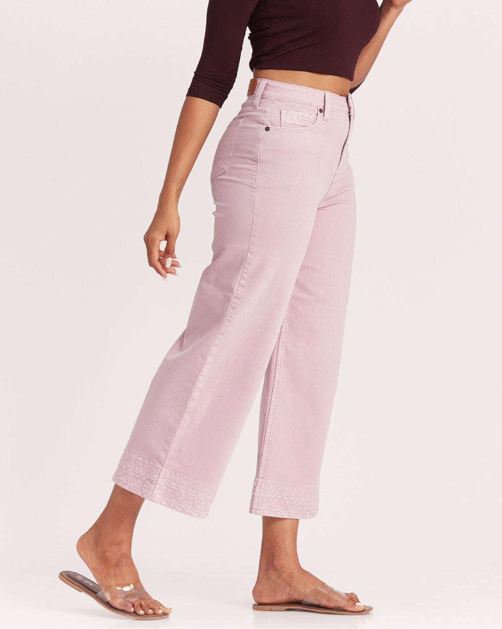 Wide Leg High Waist Boho Embroidered Colored Jeans - Lush Lilac