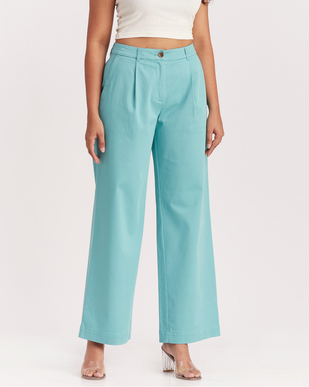 Wide Leg Fit Pleated Pants - Porcelain Blue