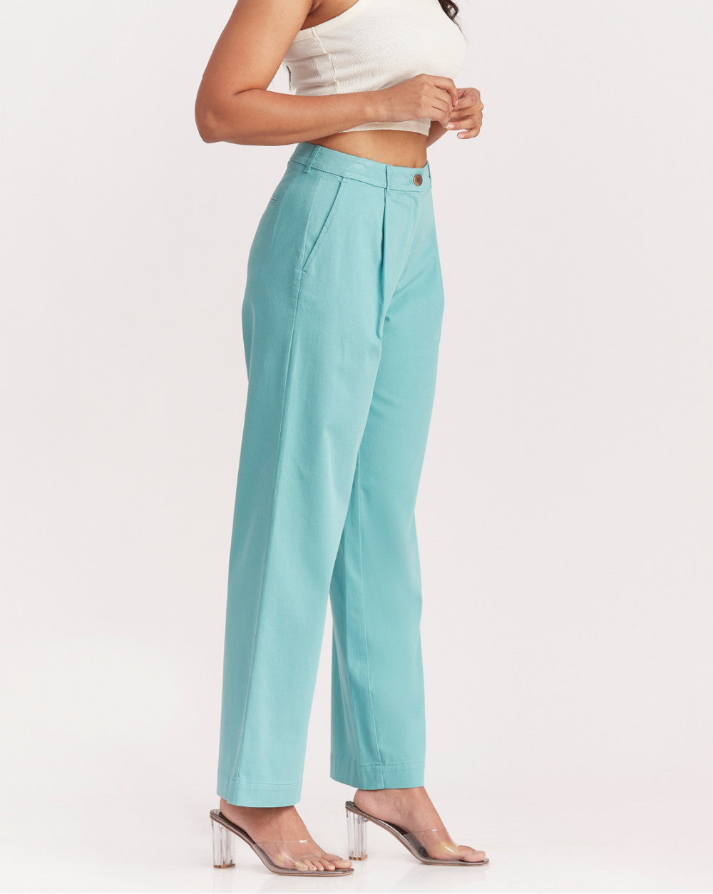 Wide Leg Fit Pleated Pants - Porcelain Blue