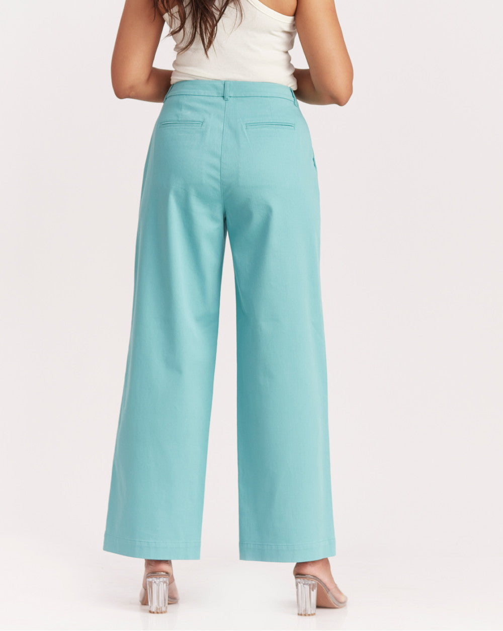 Wide Leg Fit Pleated Pants - Porcelain Blue