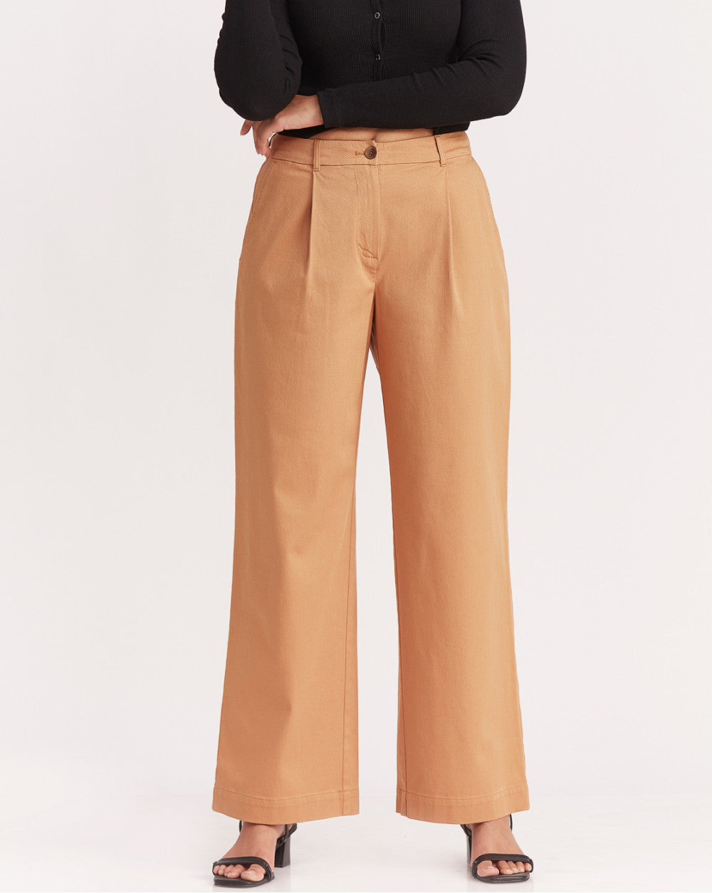 Wide Leg Fit Pleated Pants - Almond Brown