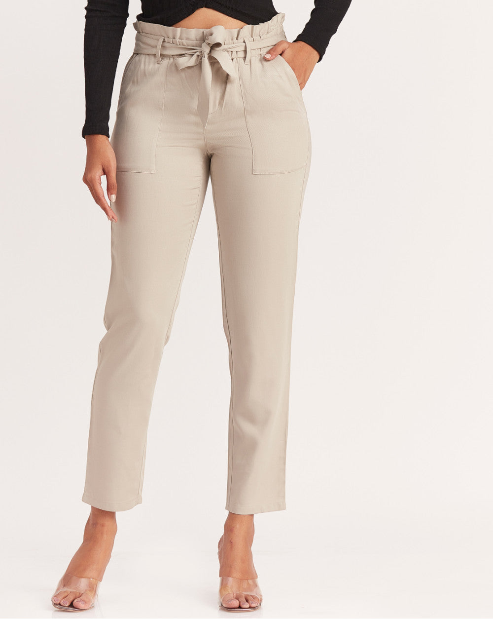 Tapered Fit Paperbag Drapey Pants With Tie-Up - Mist