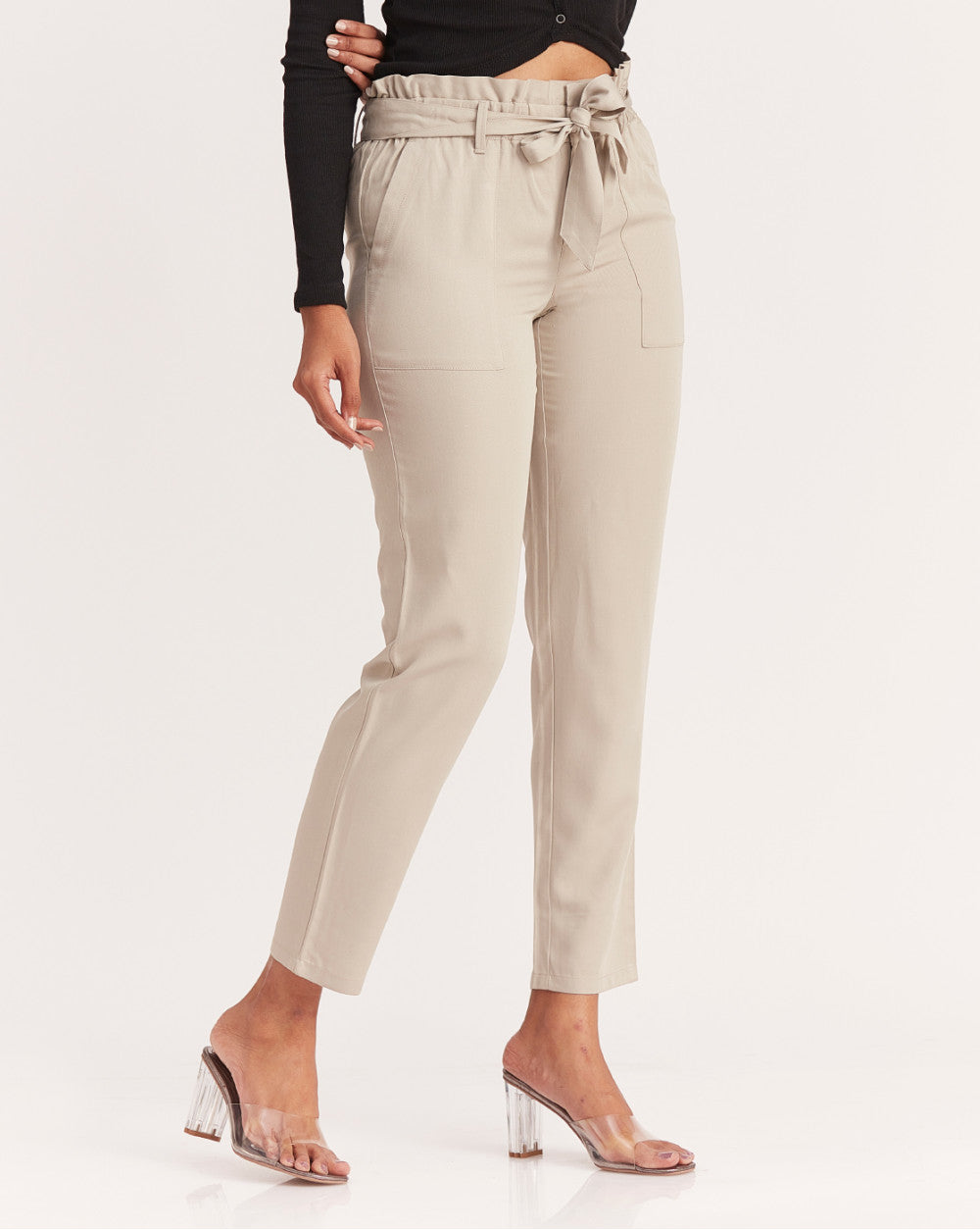 Tapered Fit Paperbag Drapey Pants With Tie-Up - Mist