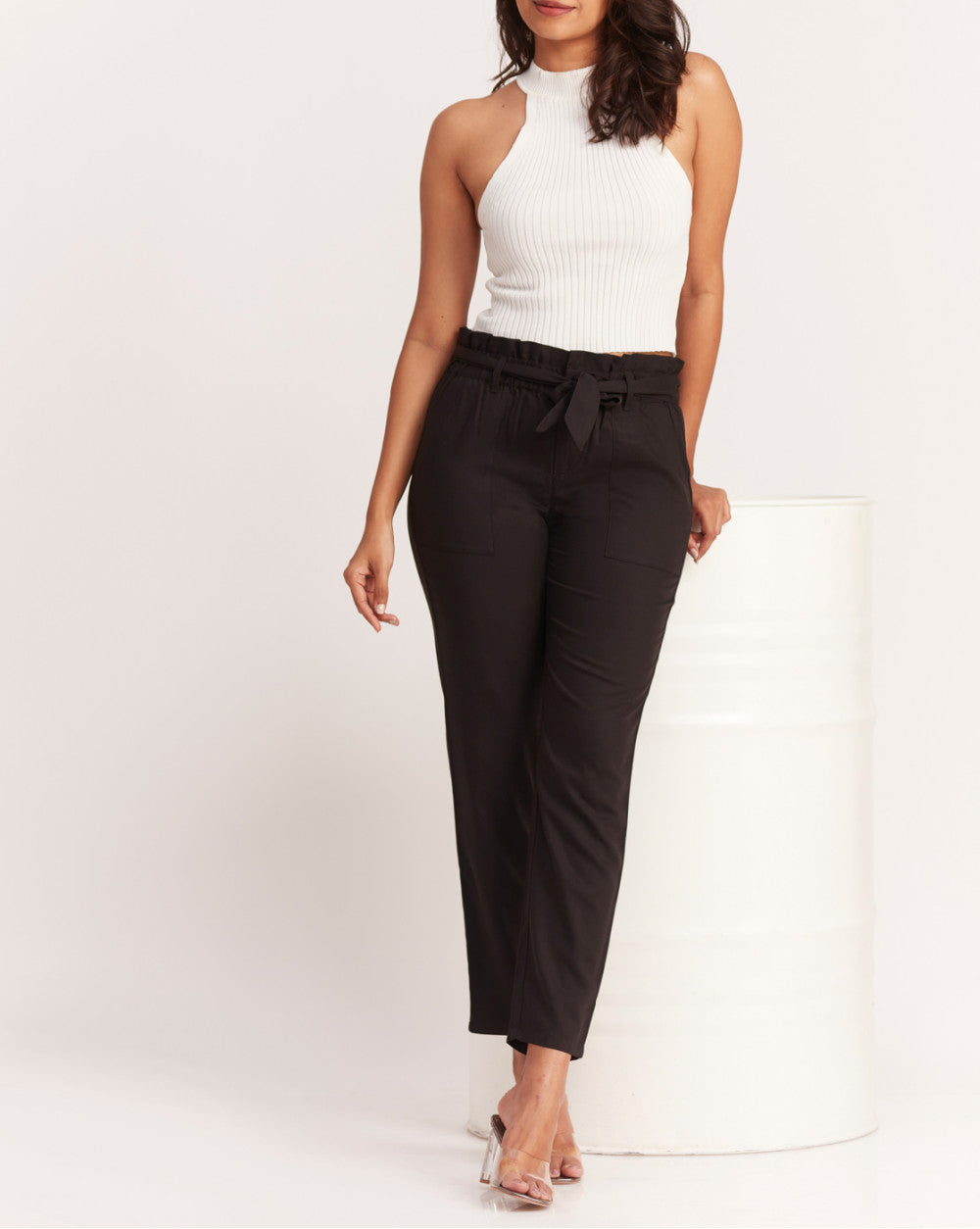 Tapered Fit Paperbag Drapey Pants With Tie-Up - Jet Black