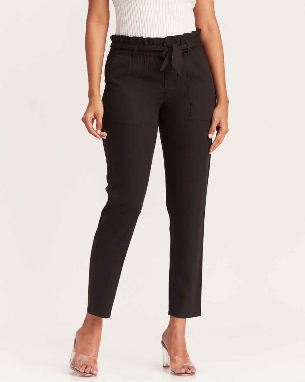 Tapered Fit Paperbag Drapey Pants With Tie-Up - Jet Black